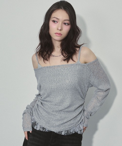 ENVYM(アンビー)の「スラブトップス&ヘムレースキャミSET(Tシャツ/カットソー・レディース・ブラック/グレー/カーキ・FREE)」の7枚目の写真