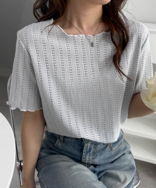 RANAN(ラナン)の「透かし柄メロー配色Tシャツ(Tシャツ/カットソー・レディース・アイボリー/ブラック/ブルーグレー/ピンク・LL/3L/M/L)」の4枚目の写真