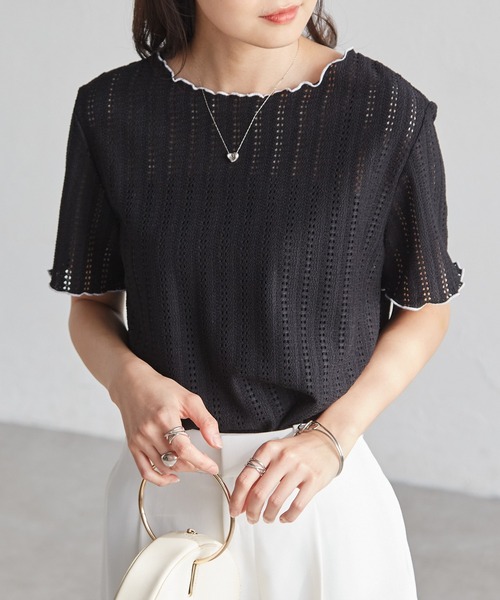 RANAN(ラナン)の「透かし柄メロー配色Tシャツ(Tシャツ/カットソー・レディース・アイボリー/ブラック/ブルーグレー/ピンク・LL/3L/M/L)」の5枚目の写真