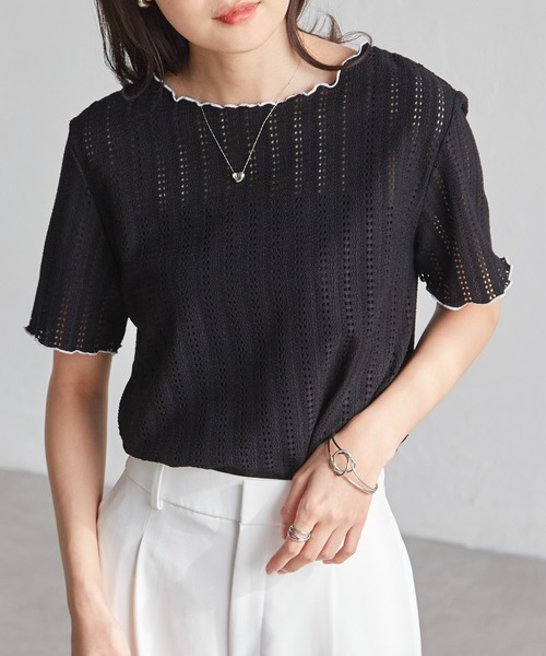 RANAN(ラナン)の「透かし柄メロー配色Tシャツ(Tシャツ/カットソー・レディース・アイボリー/ブラック/ブルーグレー/ピンク・LL/3L/M/L)」の6枚目の写真
