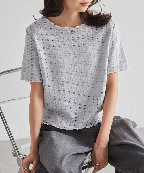 RANAN(ラナン)の「透かし柄メロー配色Tシャツ(Tシャツ/カットソー・レディース・アイボリー/ブラック/ブルーグレー/ピンク・LL/3L/M/L)」の9枚目の写真