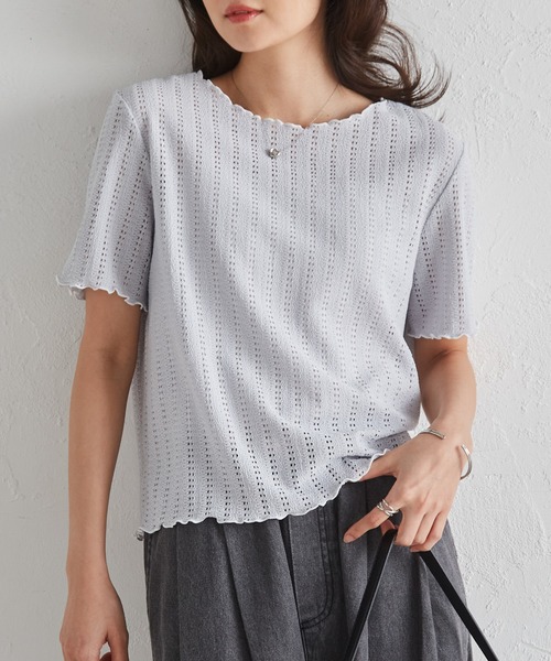 RANAN(ラナン)の「透かし柄メロー配色Tシャツ(Tシャツ/カットソー・レディース・アイボリー/ブラック/ブルーグレー/ピンク・LL/3L/M/L)」の11枚目の写真