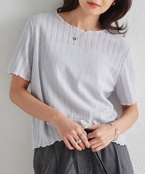RANAN(ラナン)の「透かし柄メロー配色Tシャツ(Tシャツ/カットソー・レディース・アイボリー/ブラック/ブルーグレー/ピンク・LL/3L/M/L)」の12枚目の写真