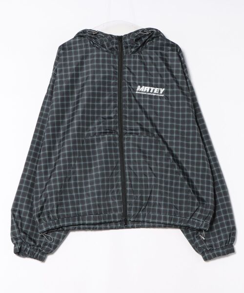 Revo.（レボ）の「【8色展開】総柄 ワンポイント ロゴ刺繍 ダブルジップ ナイロン フードブルゾン チェック/カモフラ/レオパード/ストライプ【UNISEX】（ナイロンジャケット・メンズ・ネイビー/カモフラージュ/ストライプ/ブラック/ライトブルー/ブラウン/レッド/レオパード・M/L）」の2枚目の写真