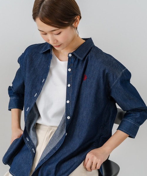 U.S. POLO ASSN.(ユーエスポロアッスン)の「【U.S. POLO ASSN./ユーエスポロアッスン】【サラッと軽い4.5ozデニム】7分袖シャツ ワンポイントロゴ刺繍 薄手・高通気 春夏クリーンカジュアル(シャツ/ブラウス・レディース・インディゴブルー/ブルー・LARGE/MEDIUM)」の8枚目の写真