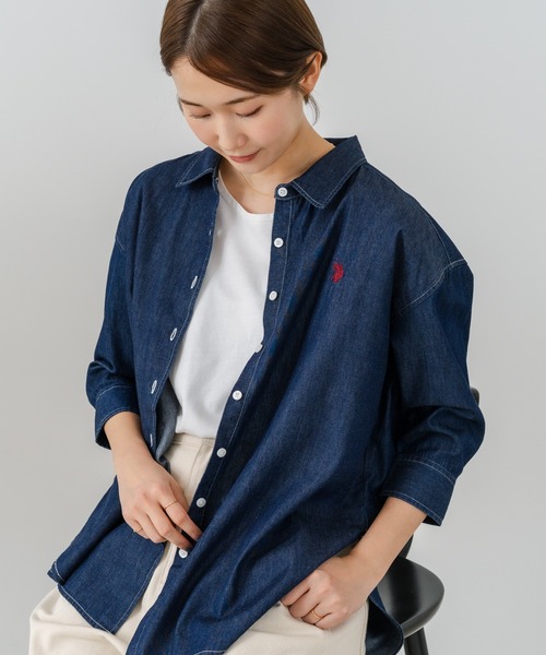 U.S. POLO ASSN.(ユーエスポロアッスン)の「【U.S. POLO ASSN./ユーエスポロアッスン】【サラッと軽い4.5ozデニム】7分袖シャツ ワンポイントロゴ刺繍 薄手・高通気 春夏クリーンカジュアル(シャツ/ブラウス・レディース・インディゴブルー/ブルー・LARGE/MEDIUM)」の9枚目の写真