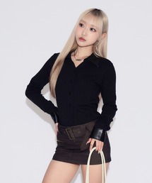 tinkerend（ティンカーエンド）の「Faux Leather Polo Rib Cardigan / フェイクレザー ポロリブカーディガン（カーディガン/ボレロ）」
