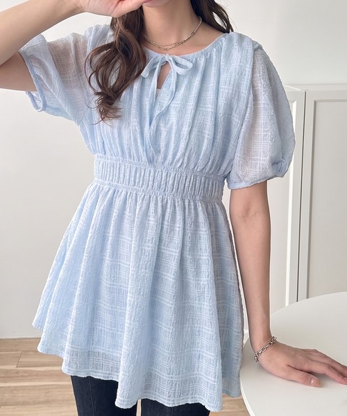 セール】前後2WAYシャーリングシアーペプラムブラウスチュニック
