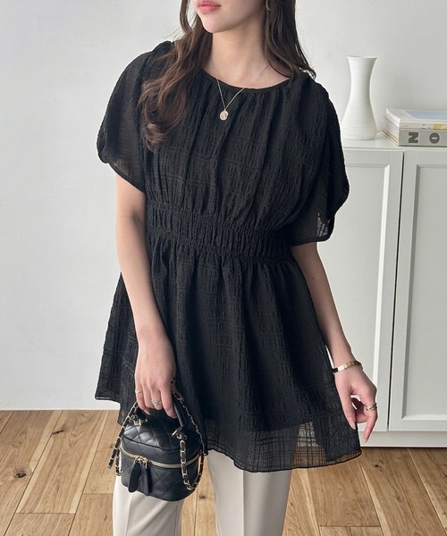 セール】前後2WAYシャーリングシアーペプラムブラウスチュニック