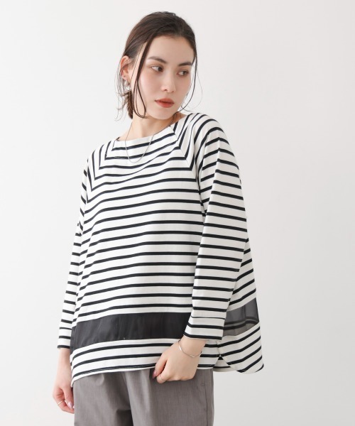 Bou Jeloud(ブージュルード)の「Wシルケットシアーラインプルオーバー(Tシャツ/カットソー・レディース・A/オフホワイト/ブラック・FREE)」の1枚目の写真