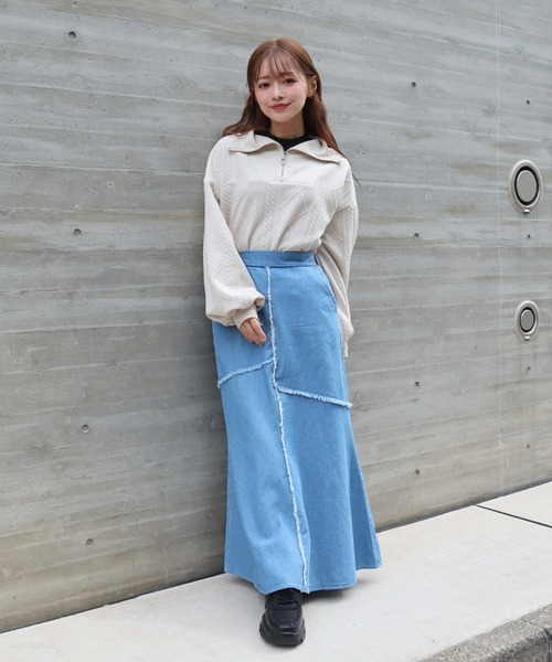 CECIL McBEE（セシルマクビー）の「6.5ozデニムフリンジ切替スカート（スカート・レディース・ネイビー/サックスブルー/ブラック・LARGE/MEDIUM）」の8枚目の写真