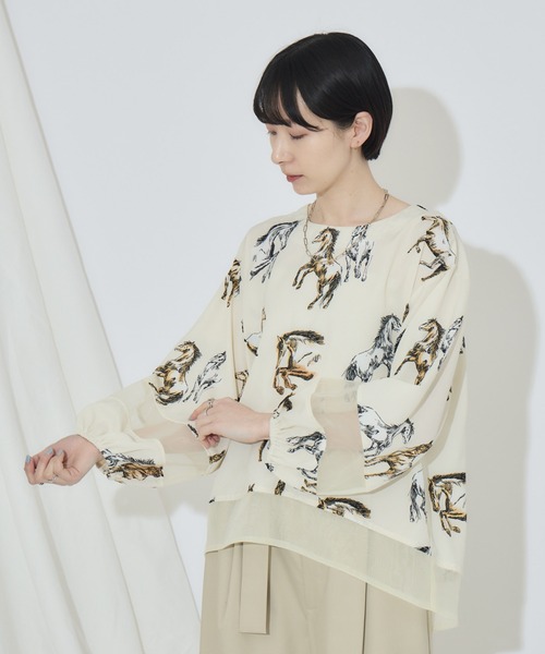 Paradise Picnic（パラダイスピクニック）の「シアーホース柄ブラウス（シャツ/ブラウス・レディース・アイボリー/ブラック・FREE）」の2枚目の写真