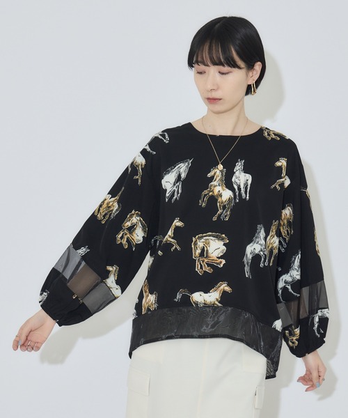 Paradise Picnic（パラダイスピクニック）の「シアーホース柄ブラウス（シャツ/ブラウス・レディース・アイボリー/ブラック・FREE）」の4枚目の写真