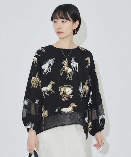 Paradise Picnic（パラダイスピクニック）の「シアーホース柄ブラウス（シャツ/ブラウス・レディース・アイボリー/ブラック・FREE）」の5枚目の写真
