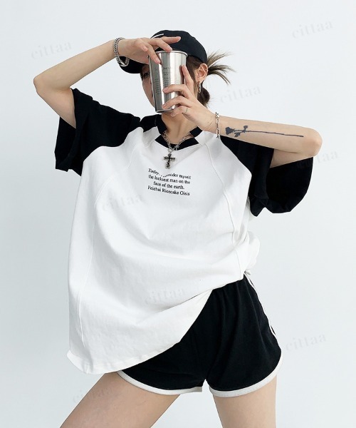 Dalfwin(ダールフィン)の「韓国ファッション ユニーク襟デザイン英字プリントラグラン半袖Tシャツ(Tシャツ/カットソー・レディース・グレー/ホワイト・FREE)」の5枚目の写真