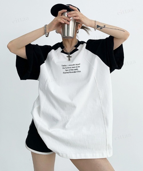 Dalfwin(ダールフィン)の「韓国ファッション ユニーク襟デザイン英字プリントラグラン半袖Tシャツ(Tシャツ/カットソー・レディース・グレー/ホワイト・FREE)」の6枚目の写真