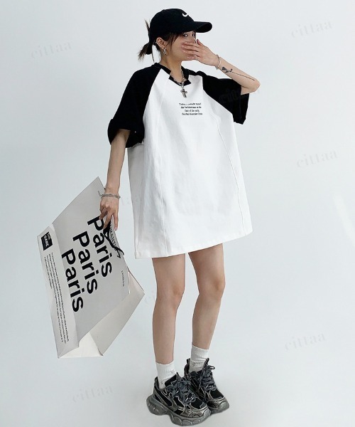 Dalfwin(ダールフィン)の「韓国ファッション ユニーク襟デザイン英字プリントラグラン半袖Tシャツ(Tシャツ/カットソー・レディース・グレー/ホワイト・FREE)」の8枚目の写真