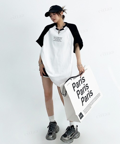 Dalfwin(ダールフィン)の「韓国ファッション ユニーク襟デザイン英字プリントラグラン半袖Tシャツ(Tシャツ/カットソー・レディース・グレー/ホワイト・FREE)」の9枚目の写真