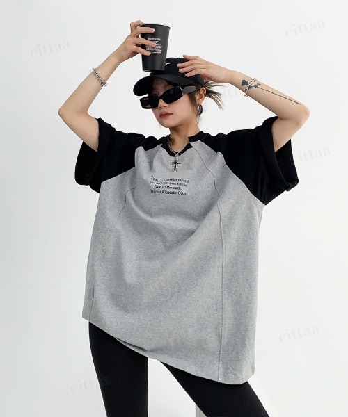 Dalfwin(ダールフィン)の「韓国ファッション ユニーク襟デザイン英字プリントラグラン半袖Tシャツ(Tシャツ/カットソー・レディース・グレー/ホワイト・FREE)」の11枚目の写真