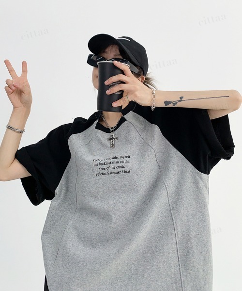 Dalfwin(ダールフィン)の「韓国ファッション ユニーク襟デザイン英字プリントラグラン半袖Tシャツ(Tシャツ/カットソー・レディース・グレー/ホワイト・FREE)」の13枚目の写真