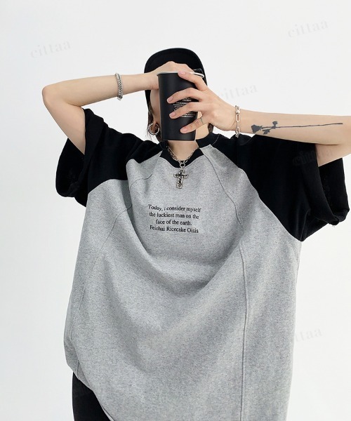 Dalfwin(ダールフィン)の「韓国ファッション ユニーク襟デザイン英字プリントラグラン半袖Tシャツ(Tシャツ/カットソー・レディース・グレー/ホワイト・FREE)」の14枚目の写真