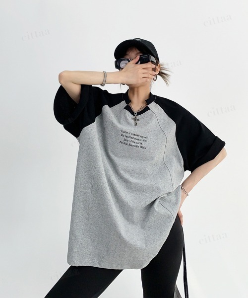 Dalfwin(ダールフィン)の「韓国ファッション ユニーク襟デザイン英字プリントラグラン半袖Tシャツ(Tシャツ/カットソー・レディース・グレー/ホワイト・FREE)」の15枚目の写真
