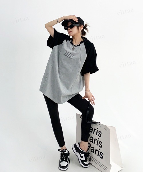 Dalfwin(ダールフィン)の「韓国ファッション ユニーク襟デザイン英字プリントラグラン半袖Tシャツ(Tシャツ/カットソー・レディース・グレー/ホワイト・FREE)」の16枚目の写真