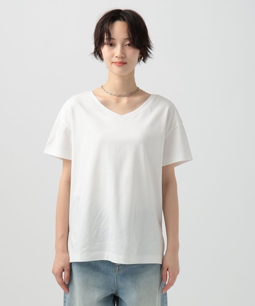 BAYFLOW（ベイフロー）の「[V・Uネックで着られる]シルケット2WAY半袖Tシャツ（Tシャツ/カットソー・レディース・オフホワイト/モカ/ブラック・LARGE/SMALL/MEDIUM）」の12枚目の写真