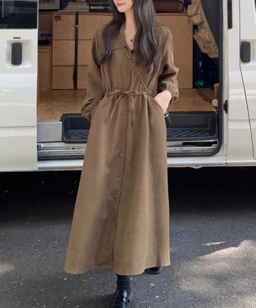 semplice(センプリチェ)の「ドローコード ロングシャツワンピース(ワンピース・レディース・ブラウン/ブラック・F)」の1枚目の写真