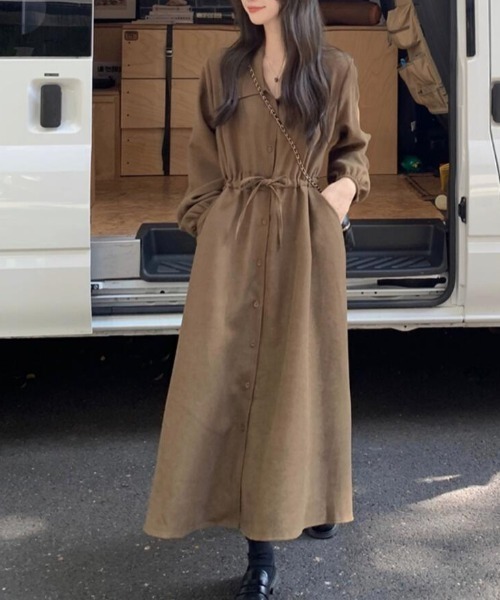 semplice(センプリチェ)の「ドローコード ロングシャツワンピース(ワンピース・レディース・ブラウン/ブラック・F)」の12枚目の写真