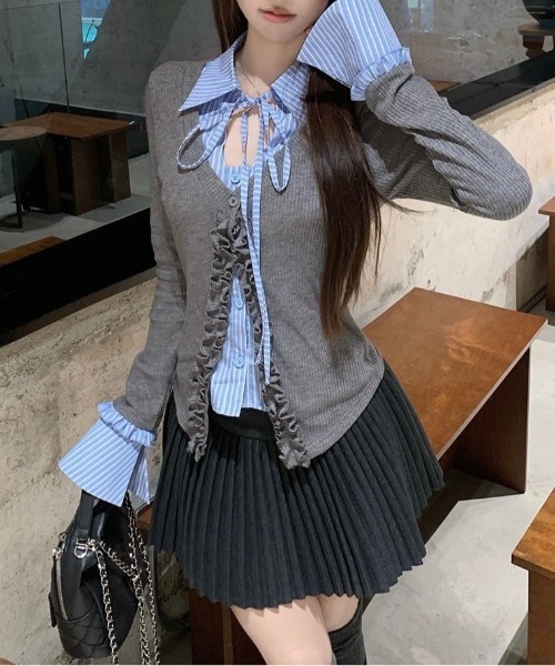 VIBGYOR(ヴィブジョー)の「【LAMPOON】ストライプフリルレイヤードトップス(その他トップス・レディース・グレー・SMALL/LARGE)」の9枚目の写真