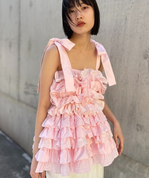 HONEY MI HONEY（ハニーミーハニー）の「cotton lace tiered camisole（キャミソール・レディース・ブラック/ホワイト/ピンク・FREE）」の20枚目の写真