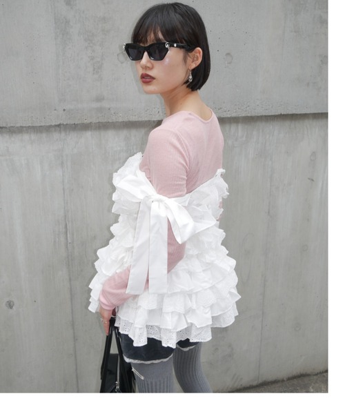 HONEY MI HONEY（ハニーミーハニー）の「cotton lace tiered camisole（キャミソール・レディース・ブラック/ホワイト/ピンク・FREE）」の8枚目の写真