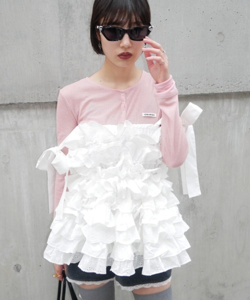 HONEY MI HONEY（ハニーミーハニー）の「cotton lace tiered camisole（キャミソール・レディース・ブラック/ホワイト/ピンク・FREE）」の9枚目の写真