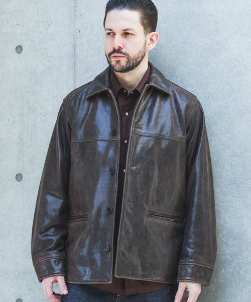 MR.OLIVE(ミスターオリーブ)の「VINTAGE CRACK GOAT LEATHER / PATINA CAR COAT /M263115(カバーオール・メンズ・ブラウン・SMALL/LARGE/MEDIUM)」の2枚目の写真