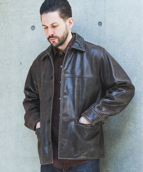 MR.OLIVE(ミスターオリーブ)の「VINTAGE CRACK GOAT LEATHER / PATINA CAR COAT /M263115(カバーオール・メンズ・ブラウン・SMALL/LARGE/MEDIUM)」の3枚目の写真