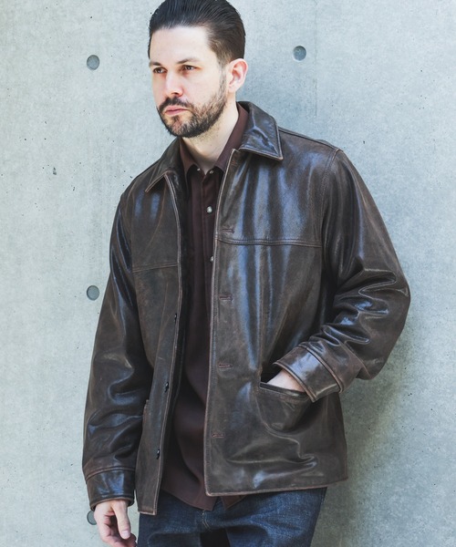 MR.OLIVE(ミスターオリーブ)の「VINTAGE CRACK GOAT LEATHER / PATINA CAR COAT /M263115(カバーオール・メンズ・ブラウン・SMALL/LARGE/MEDIUM)」の5枚目の写真