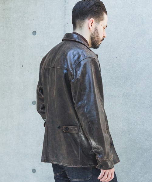 MR.OLIVE(ミスターオリーブ)の「VINTAGE CRACK GOAT LEATHER / PATINA CAR COAT /M263115(カバーオール・メンズ・ブラウン・SMALL/LARGE/MEDIUM)」の6枚目の写真