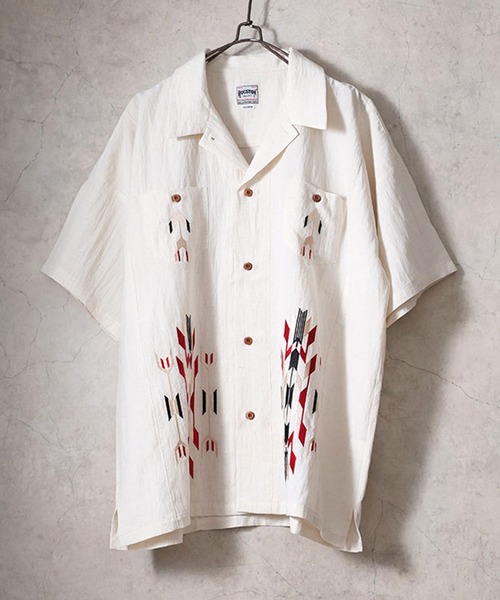 HOUSTON(ヒューストン)の「HOUSTON ヒューストン LINEN CHIMAYO SHIRT リネン チマヨ柄 刺繍 オープンカラー 開襟シャツ(シャツ/ブラウス・メンズ・チャコール/オリーブ/オフホワイト・L/M/XL)」の4枚目の写真