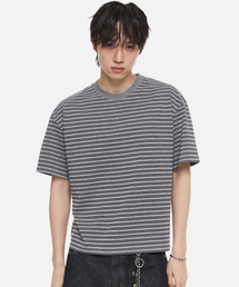 DNSR（ディーエヌエスアール）の「ストライプクロップTシャツグレー（Tシャツ/カットソー）」