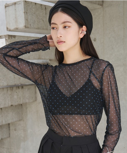 SOEMIN（ソミン）の「【SELECT】Sheer dot long sleeve tops／シアードット長袖トップス（Tシャツ/カットソー・レディース・ブラック/ホワイト・FREE）」の20枚目の写真