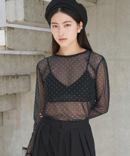 SOEMIN（ソミン）の「【SELECT】Sheer dot long sleeve tops／シアードット長袖トップス（Tシャツ/カットソー・レディース・ブラック/ホワイト・FREE）」の21枚目の写真