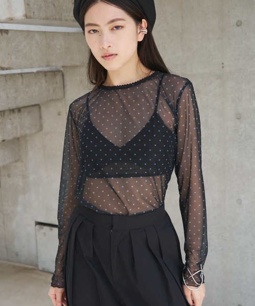 SOEMIN（ソミン）の「【SELECT】Sheer dot long sleeve tops／シアードット長袖トップス（Tシャツ/カットソー・レディース・ブラック/ホワイト・FREE）」の13枚目の写真