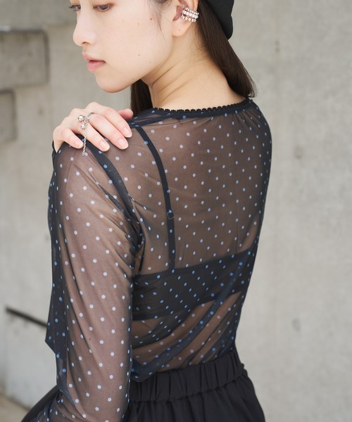 SOEMIN（ソミン）の「【SELECT】Sheer dot long sleeve tops／シアードット長袖トップス（Tシャツ/カットソー・レディース・ブラック/ホワイト・FREE）」の14枚目の写真