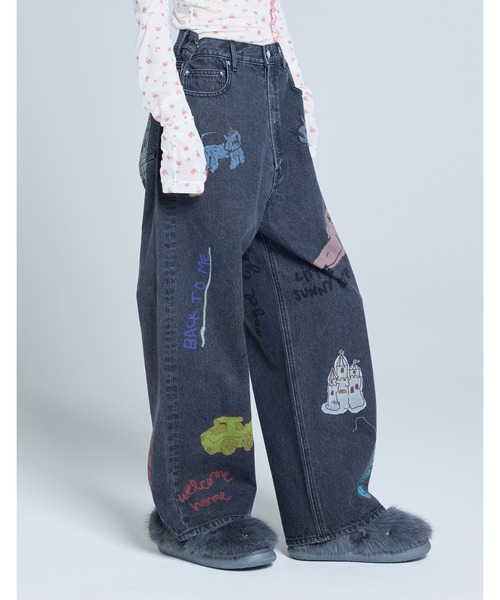 Little sunny bite(リトルサニーバイト)の「little sunny bite x Paula Grenouille doodle denim pants(デニムパンツ・レディース・ブラック/インディゴブルー/ライトインディゴブルー・MEDIUM/SMALL)」の5枚目の写真