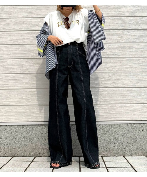 Q(キュー)の「ヨークリブストライプ半袖シャツ(シャツ/ブラウス・レディース・ネイビー系・MEDIUM)」の9枚目の写真
