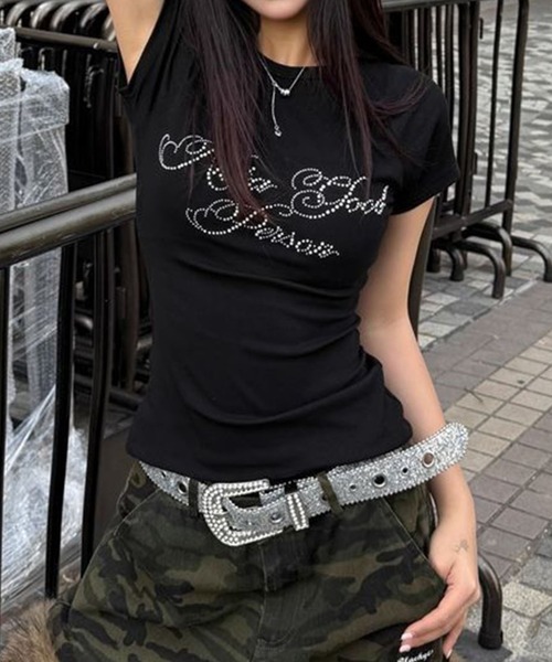 WESTSEA(ウエストシー)の「ラインストーン ロゴ コンパクトTシャツ 半袖(Tシャツ/カットソー・レディース・ブラック/ホワイト・M)」の1枚目の写真