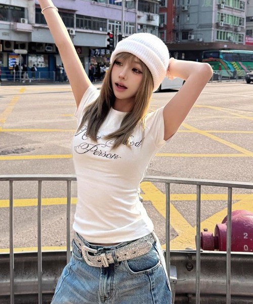 WESTSEA(ウエストシー)の「ラインストーン ロゴ コンパクトTシャツ 半袖(Tシャツ/カットソー・レディース・ブラック/ホワイト・M)」の6枚目の写真