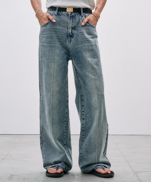 Adoon plain(アドーンプレーン)の「CENTER LINE STRAIGHT DENIM / センターラインストレートデニムパンツ(デニムパンツ・メンズ・ライトブルー/ブラック・SMALL/MEDIUM/LARGE)」の2枚目の写真