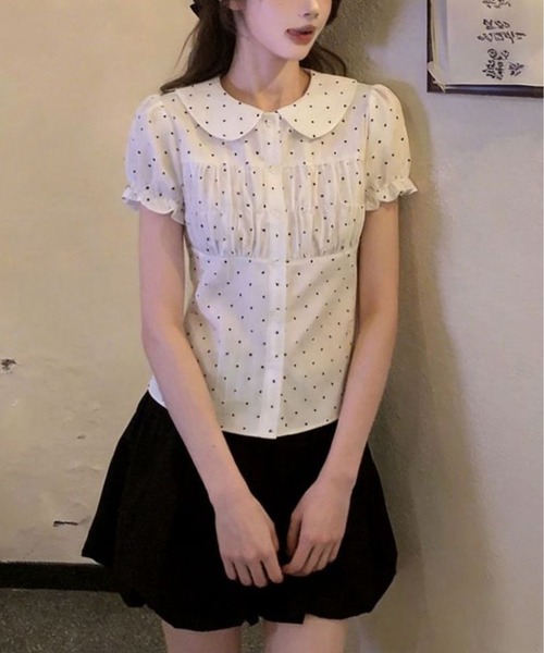AsheKsha(アシクシャ)の「水玉模様の人形襟半袖シャツ:自然と穏やかなフランス風の雰囲気を演出します!(シャツ/ブラウス・レディース・ホワイト・M)」の2枚目の写真